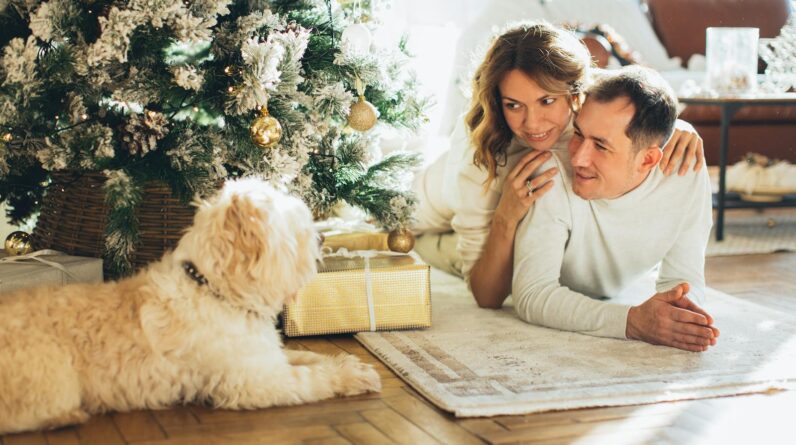 Couple Lying on a Carpet Near their Dog