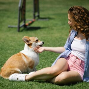 Young woman sitting on green grass with corgi