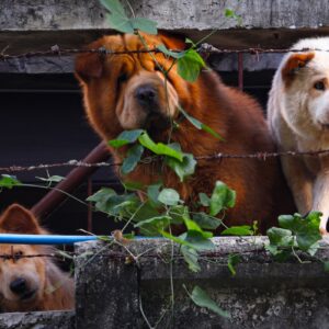 a couple of dogs standing on top of a wooden fence